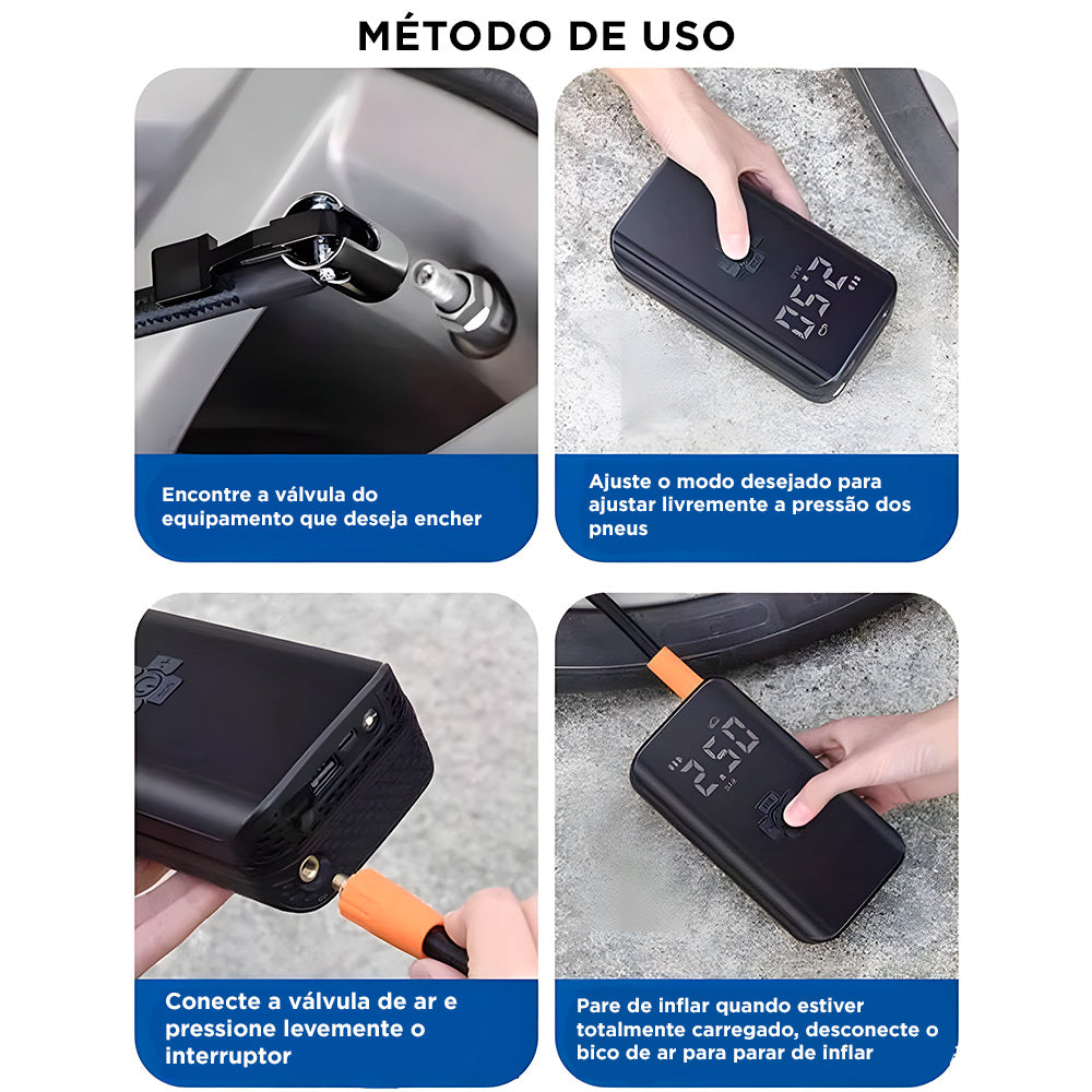Mini Compressor de Ar, Portátil, Calibrador de Pneu Para Carro, Moto, Bicicleta, Preto